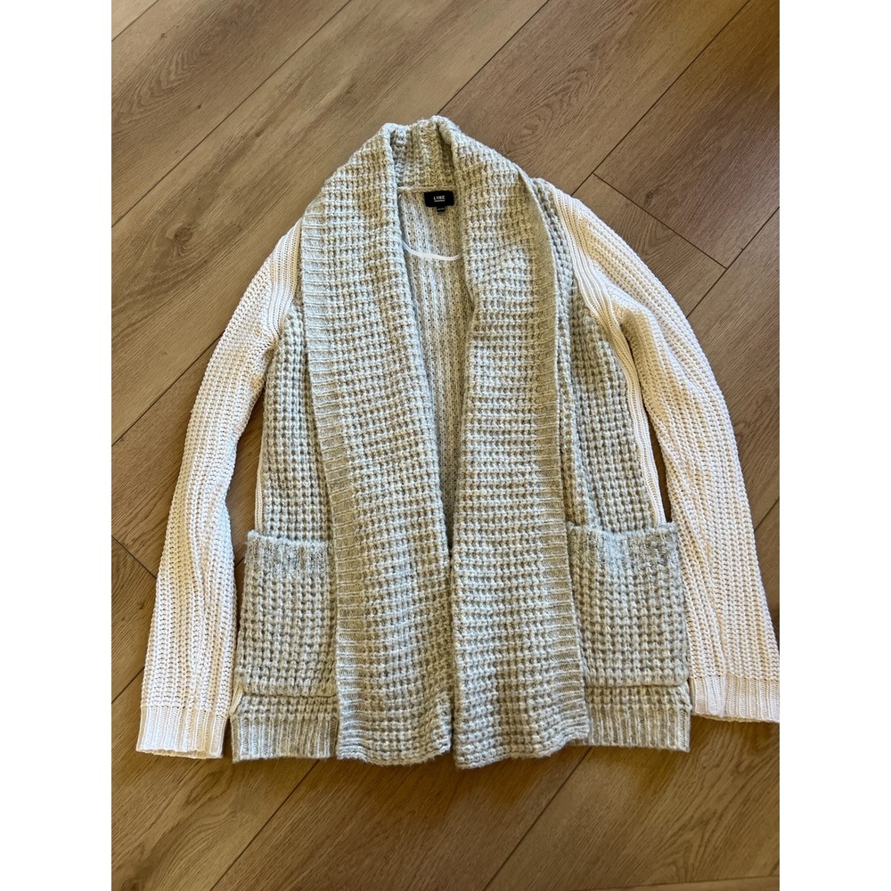 LINE cardigan‎ sweater women's XS light grey waffle knit pockets